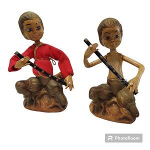 Tilso Pixie Elves Musicians Vintage Figurines MCM 60s Golden Fantasy 7" Set of 2